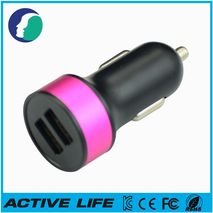 Black / Pink Metal Ring Dual USB Car Charger , Stylish USB Phone Charger